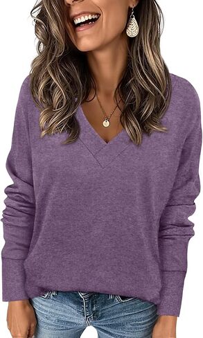CATHY Women's Basic Pullover V Neck Long Sleeve Tunic Tops Casual Loose Fitting Tshirts for Leggings in Kuwait
