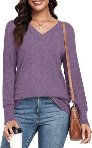 CATHY Women's Basic Pullover V Neck Long Sleeve Tunic Tops Casual Loose Fitting Tshirts for Leggings in Kuwait
