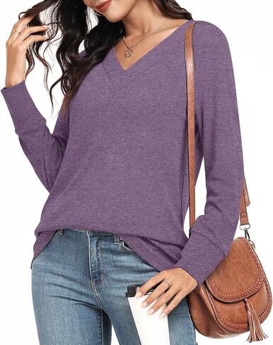 CATHY Women's Basic Pullover V Neck Long Sleeve Tunic Tops Casual Loose Fitting Tshirts for Leggings in Kuwait