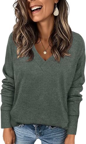 CATHY Women's Basic Pullover V Neck Long Sleeve Tunic Tops Casual Loose Fitting Tshirts for Leggings in Kuwait