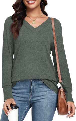 CATHY Women's Basic Pullover V Neck Long Sleeve Tunic Tops Casual Loose Fitting Tshirts for Leggings in Kuwait