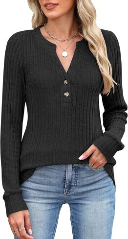 ANRABESS Womens Long Sleeve Henley Shirts V Neck Tunic Tops Ribbed Knit Lightweight Sweaters 2025 Fall Dressy Casual Blouses in Kuwait