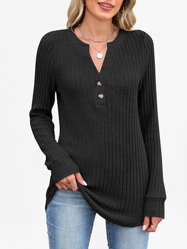 ANRABESS Womens Long Sleeve Henley Shirts V Neck Tunic Tops Ribbed Knit Lightweight Sweaters 2025 Fall Dressy Casual Blouses in Kuwait
