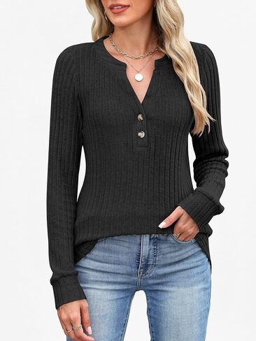 ANRABESS Womens Long Sleeve Henley Shirts V Neck Tunic Tops Ribbed Knit Lightweight Sweaters 2025 Fall Dressy Casual Blouses in Kuwait
