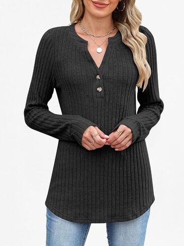 ANRABESS Womens Long Sleeve Henley Shirts V Neck Tunic Tops Ribbed Knit Lightweight Sweaters 2025 Fall Dressy Casual Blouses in Kuwait