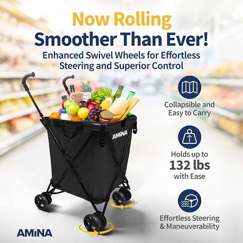 عربة التسوق والمرافق القابلة للطي من أمينا، عربة خفيفة الوزن مقاومة للماء بعجلات، عربة بقالة قابلة للطي، عربة غسيل بعجلات، التخييم، الرياضة، نقل ما يصل إلى 132 رطل (أسود) in Kuwait