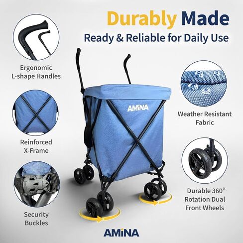 عربة التسوق والمرافق القابلة للطي من أمينا، عربة خفيفة الوزن مقاومة للماء بعجلات، عربة بقالة قابلة للطي، عربة غسيل بعجلات، التخييم، الرياضة، نقل ما يصل إلى 132 رطل (أسود) in Kuwait