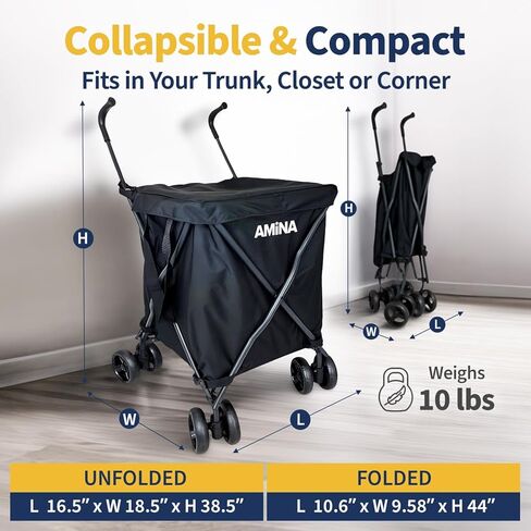 عربة التسوق والمرافق القابلة للطي من أمينا، عربة خفيفة الوزن مقاومة للماء بعجلات، عربة بقالة قابلة للطي، عربة غسيل بعجلات، التخييم، الرياضة، نقل ما يصل إلى 132 رطل (أسود) in Kuwait