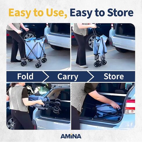 عربة التسوق والمرافق القابلة للطي من أمينا، عربة خفيفة الوزن مقاومة للماء بعجلات، عربة بقالة قابلة للطي، عربة غسيل بعجلات، التخييم، الرياضة، نقل ما يصل إلى 132 رطل (أسود) in Kuwait