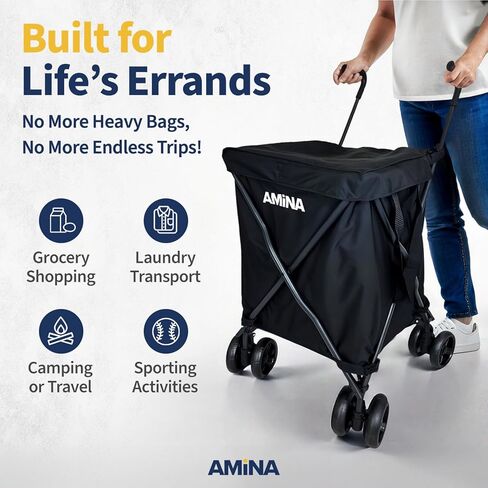 عربة التسوق والمرافق القابلة للطي من أمينا، عربة خفيفة الوزن مقاومة للماء بعجلات، عربة بقالة قابلة للطي، عربة غسيل بعجلات، التخييم، الرياضة، نقل ما يصل إلى 132 رطل (أسود) in Kuwait