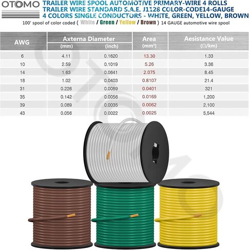 OTOMO 4 Rolls 100FT 14 Gauge CCA Trailer RV Automotive Primary Wire Spool Single Conductor SAE J1128 Electrical Hookup Wiring for Low Volts Towing Trailer RV Camper - Brown/Yellow/Green/White in Kuwait