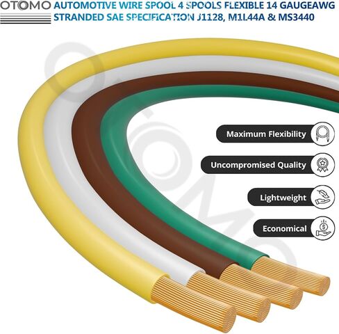 OTOMO 4 Rolls 100FT 14 Gauge CCA Trailer RV Automotive Primary Wire Spool Single Conductor SAE J1128 Electrical Hookup Wiring for Low Volts Towing Trailer RV Camper - Brown/Yellow/Green/White in Kuwait