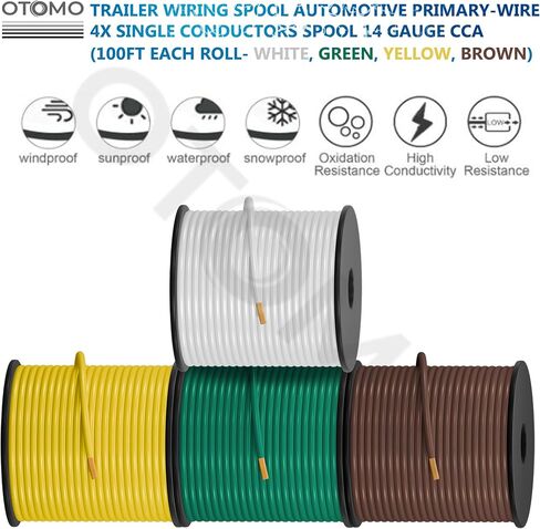 OTOMO 4 Rolls 100FT 14 Gauge CCA Trailer RV Automotive Primary Wire Spool Single Conductor SAE J1128 Electrical Hookup Wiring for Low Volts Towing Trailer RV Camper - Brown/Yellow/Green/White in Kuwait