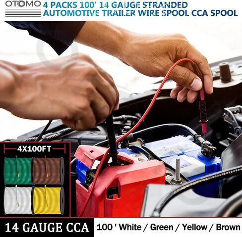 OTOMO 4 Rolls 100FT 14 Gauge CCA Trailer RV Automotive Primary Wire Spool Single Conductor SAE J1128 Electrical Hookup Wiring for Low Volts Towing Trailer RV Camper - Brown/Yellow/Green/White in Kuwait