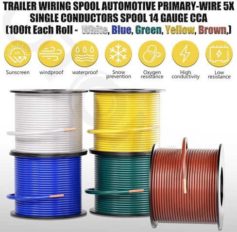 OTOMO 4 Rolls 100FT 14 Gauge CCA Trailer RV Automotive Primary Wire Spool Single Conductor SAE J1128 Electrical Hookup Wiring for Low Volts Towing Trailer RV Camper - Brown/Yellow/Green/White in Kuwait