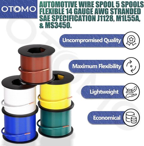 OTOMO 4 Rolls 100FT 14 Gauge CCA Trailer RV Automotive Primary Wire Spool Single Conductor SAE J1128 Electrical Hookup Wiring for Low Volts Towing Trailer RV Camper - Brown/Yellow/Green/White in Kuwait