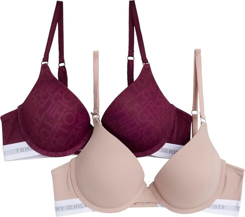Tommy Hilfiger Womens Micro Push-Up Bra with Underwire and Lace Trim 2-Pack, TH Letters/Balanced Beige, 34B in Saudi Arabia