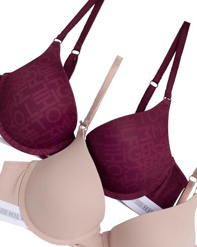 Tommy Hilfiger Womens Micro Push-Up Bra with Underwire and Lace Trim 2-Pack, TH Letters/Balanced Beige, 34B in Saudi Arabia