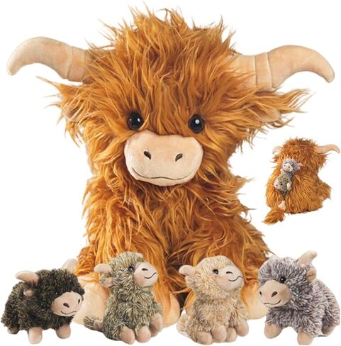 مجموعة 5 قطع من حيوانات بقرة المرتفعات المحشوة مع الأطفال، لعبة بقرة المرتفعات الاسكتلندية مقاس 35.56 سم من القطيفة مع 4 أطفال لطيفين محشوين على شكل بقرة هايلاند، دمية هدايا للأطفال في أعياد الميلاد وعيد الميلاد in Kuwait