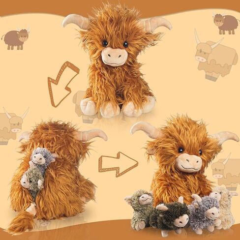 مجموعة 5 قطع من حيوانات بقرة المرتفعات المحشوة مع الأطفال، لعبة بقرة المرتفعات الاسكتلندية مقاس 35.56 سم من القطيفة مع 4 أطفال لطيفين محشوين على شكل بقرة هايلاند، دمية هدايا للأطفال في أعياد الميلاد وعيد الميلاد in Kuwait
