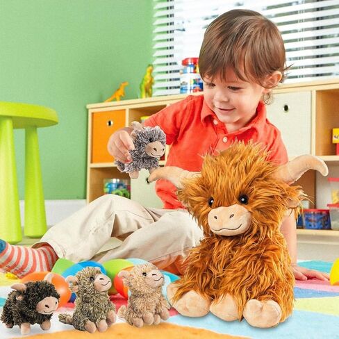 مجموعة 5 قطع من حيوانات بقرة المرتفعات المحشوة مع الأطفال، لعبة بقرة المرتفعات الاسكتلندية مقاس 35.56 سم من القطيفة مع 4 أطفال لطيفين محشوين على شكل بقرة هايلاند، دمية هدايا للأطفال في أعياد الميلاد وعيد الميلاد in Kuwait