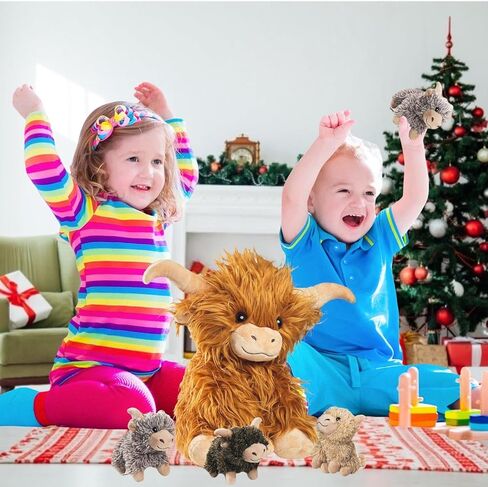 مجموعة 5 قطع من حيوانات بقرة المرتفعات المحشوة مع الأطفال، لعبة بقرة المرتفعات الاسكتلندية مقاس 35.56 سم من القطيفة مع 4 أطفال لطيفين محشوين على شكل بقرة هايلاند، دمية هدايا للأطفال في أعياد الميلاد وعيد الميلاد in Kuwait