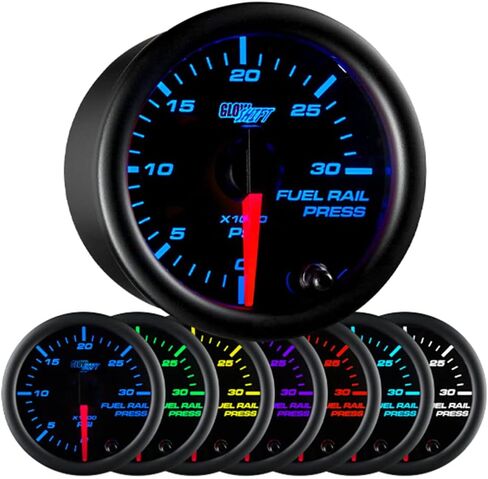 GlowShift Black 7 Color 30,000 PSI Fuel Rail Pressure Gauge - Compatible with 6.6L Chevy Duramax 2002-2018 & 5.9L / 6.7L Dodge Cummins 2003-2018 Diesel Trucks - Black Dial - Clear Lens - 2-1/16" 52mm in Saudi Arabia