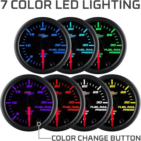 GlowShift Black 7 Color 30,000 PSI Fuel Rail Pressure Gauge - Compatible with 6.6L Chevy Duramax 2002-2018 & 5.9L / 6.7L Dodge Cummins 2003-2018 Diesel Trucks - Black Dial - Clear Lens - 2-1/16" 52mm in Saudi Arabia