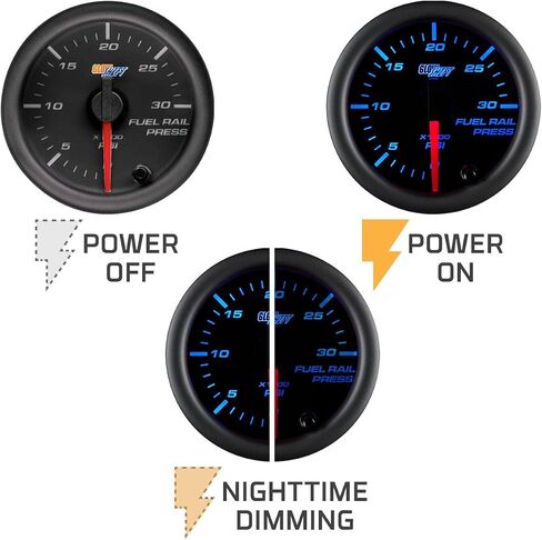 GlowShift Black 7 Color 30,000 PSI Fuel Rail Pressure Gauge - Compatible with 6.6L Chevy Duramax 2002-2018 & 5.9L / 6.7L Dodge Cummins 2003-2018 Diesel Trucks - Black Dial - Clear Lens - 2-1/16" 52mm in Saudi Arabia