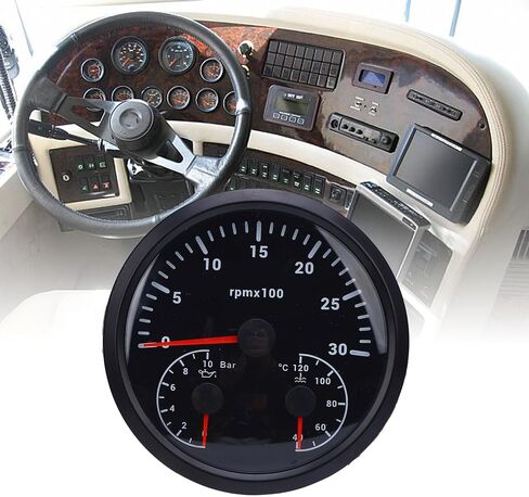 3 in 1 Electrical Tachometer Oil Pressure Gauge Water Temp Gauge 4 3/8in 3000RPM 0 to 10bar 40 to 120℃ 7 Colors Backlit for RV Yacht Truck (Black Dial Black Bezel) in Saudi Arabia