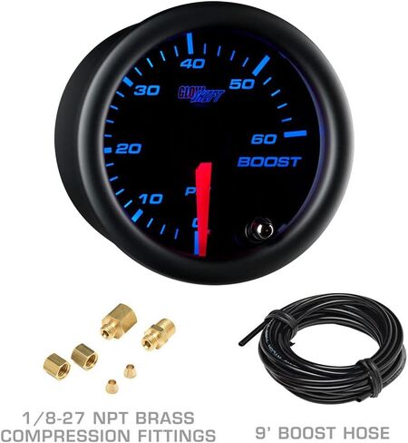 GlowShift Diesel Gauge Package Compatible with Ford Super Duty F-250 F-350 6.0L 7.3L Power Stroke 1999-2007 - Black 7 Color 60 PSI Boost & Transmission Temp Gauges - Tan Full Size Dual Pillar Pod in Saudi Arabia
