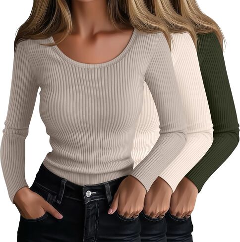 Ficerd 3 Pack Women's Long Sleeve T Cotton Scoop Neck Dibbbed Rebtbed Slim Fit Tops Disual 2025 Fall Trendy Basic Tee in Saudi Arabia