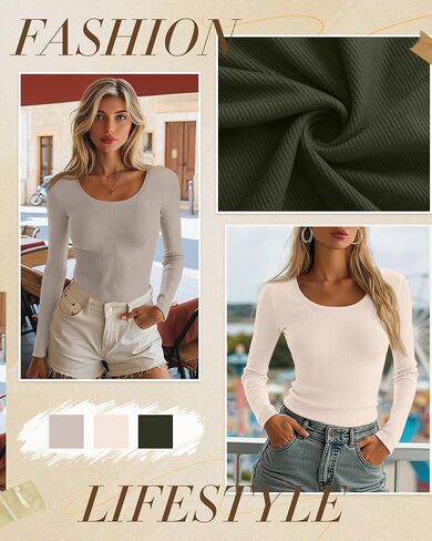 Ficerd 3 Pack Women's Long Sleeve T Cotton Scoop Neck Dibbbed Rebtbed Slim Fit Tops Disual 2025 Fall Trendy Basic Tee in Saudi Arabia