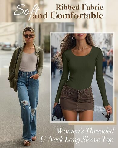 Ficerd 3 Pack Women's Long Sleeve T Cotton Scoop Neck Dibbbed Rebtbed Slim Fit Tops Disual 2025 Fall Trendy Basic Tee in Saudi Arabia