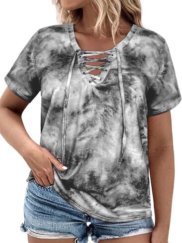 VISLILY Womens-Plus-Size-Summer-Tops Casual Lace Up Front T Shirts Tie Dye V Neck Tees Trendy Short Sleeve Tunics XL-5XL in Saudi Arabia