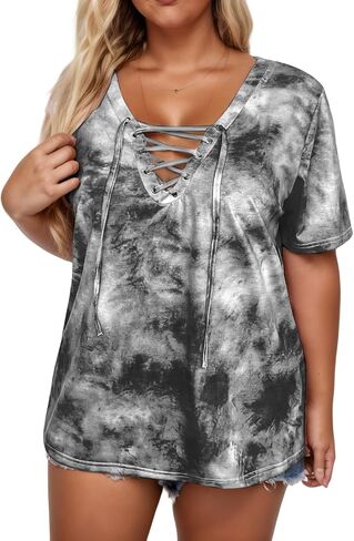 VISLILY Womens-Plus-Size-Summer-Tops Casual Lace Up Front T Shirts Tie Dye V Neck Tees Trendy Short Sleeve Tunics XL-5XL in Saudi Arabia