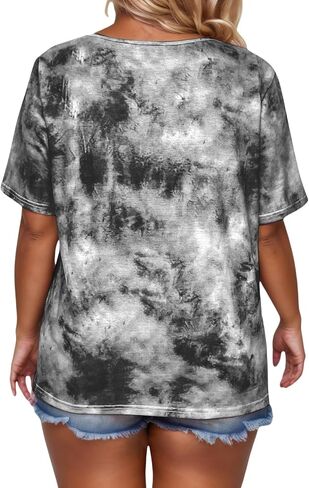 VISLILY Womens-Plus-Size-Summer-Tops Casual Lace Up Front T Shirts Tie Dye V Neck Tees Trendy Short Sleeve Tunics XL-5XL in Saudi Arabia