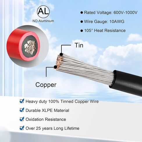 10 FT 10AWG Solar Panel Extension Cable,10 Gauge Extension Cord,5FT 10FT 20FT 30FT 50FT 100FT Solar Panel Wire with Extra Fair of Female and Male Connectors Solar Adapter for RV, Photovoltaic Systems in Kuwait