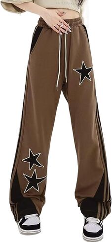 Women's Y2K Star Baggy Wide Leg Sweatpants with Pockets High Waist Drawstring Stripes Patchwork Pants in Kuwait