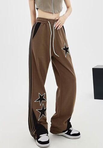 Women's Y2K Star Baggy Wide Leg Sweatpants with Pockets High Waist Drawstring Stripes Patchwork Pants in Kuwait