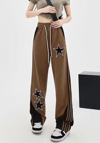 Women's Y2K Star Baggy Wide Leg Sweatpants with Pockets High Waist Drawstring Stripes Patchwork Pants in Kuwait
