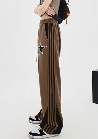 Women's Y2K Star Baggy Wide Leg Sweatpants with Pockets High Waist Drawstring Stripes Patchwork Pants in Kuwait