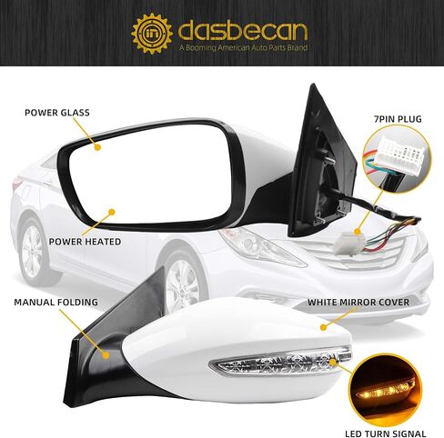 Dasbecan 7pin مرآة الباب الأيسر المتوافق مع 2011-2014 Hyundai Sonata سائق السائق مع طي يدوي ، وتسخين ، والزجاج الطاقة ، ودوره استبدال# HY1320168 87610-3Q110 أبيض in Kuwait