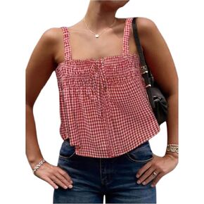 MakeMeChic Women's Plaid Gingham Bow Camisole Top Sleeveless Ruffle Smocked Going Out Crop Tops in Kuwait