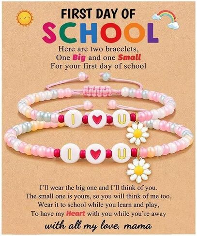First Day of School Bracelet for Women 2 Pcs Colorful Daisy Flower Heart Beaded Bracelets Set for Mother Daughter Back to School Jewelry Gift in Kuwait