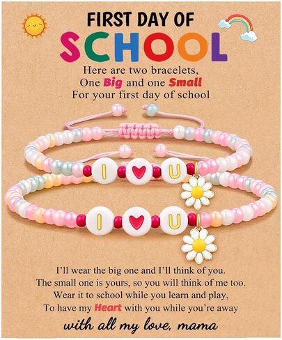 First Day of School Bracelet for Women 2 Pcs Colorful Daisy Flower Heart Beaded Bracelets Set for Mother Daughter Back to School Jewelry Gift in Kuwait