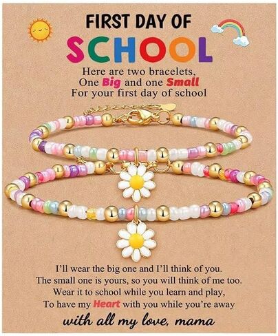 First Day of School Bracelet for Women 2 Pcs Colorful Daisy Flower Heart Beaded Bracelets Set for Mother Daughter Back to School Jewelry Gift in Kuwait
