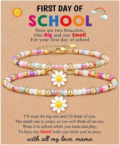 First Day of School Bracelet for Women 2 Pcs Colorful Daisy Flower Heart Beaded Bracelets Set for Mother Daughter Back to School Jewelry Gift in Kuwait