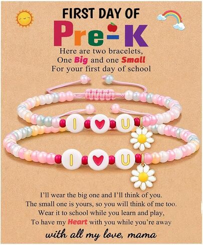 First Day of School Bracelet for Women 2 Pcs Colorful Daisy Flower Heart Beaded Bracelets Set for Mother Daughter Back to School Jewelry Gift in Kuwait