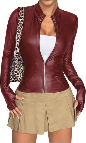 MakeMeChic Women's Y2K PU Leather Jacket Mock Neck Full Zip Long Sleeve Coat Outerwear in Saudi Arabia